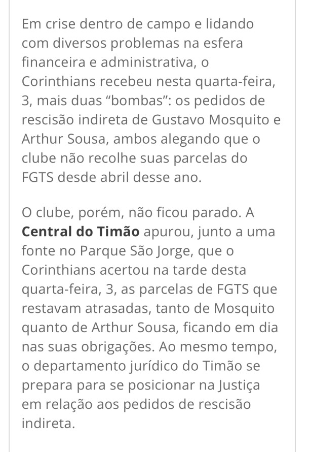 Corinthians quita pend�ncias com mosquito e Arthur Sousa e encaminha para o jur�dico