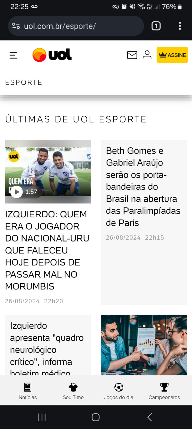 UOL dando como certa a morte do jogador.