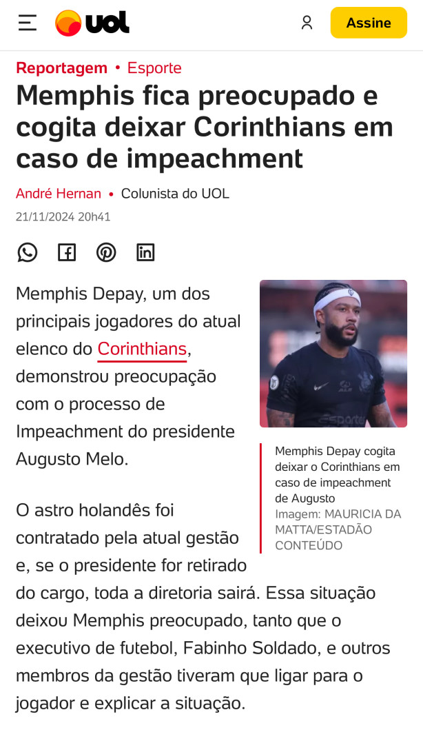 Memphis fica preocupado e cogita deixar Corinthians em caso de impeachment