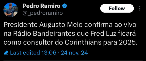Augusto confirmou Fred Luz em 2025