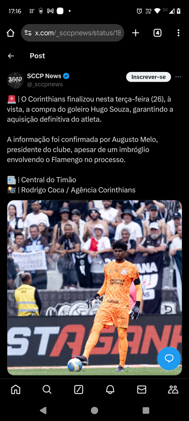 Hugo Souza � do tim�o