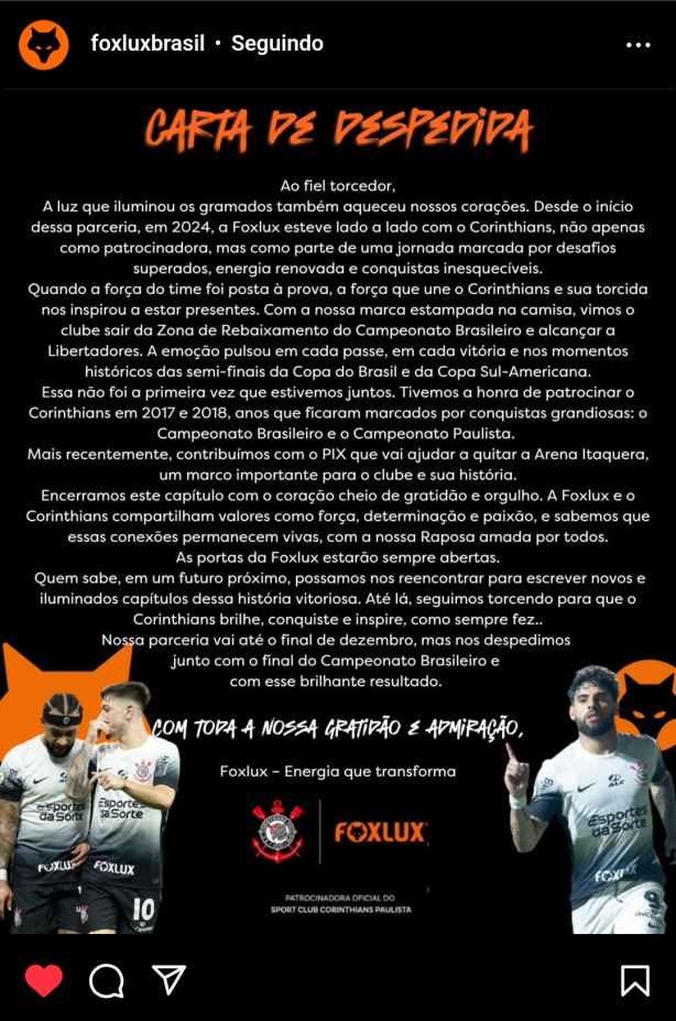 foxlux faz carta de despedida ao Corinthians e fiel torcida