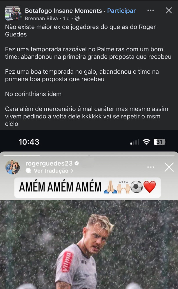 Apareceu uma postagem sugerida pelo Instagram e era uma p�gina do Botafogo falando do Roger Guedes