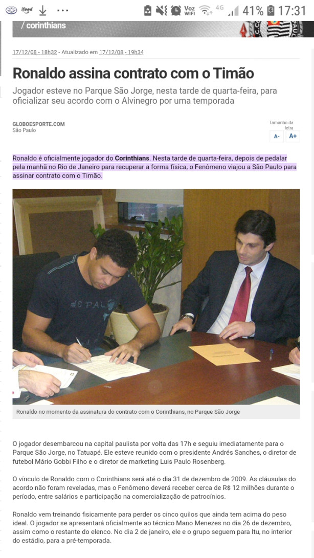 Ronaldo assina contrato com o Tim�o