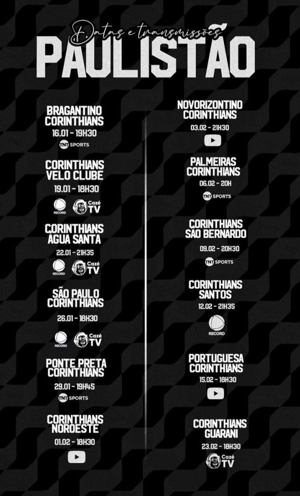 Irm�o, aqui uma tabelinha com a transmiss�o de cada jogo.
