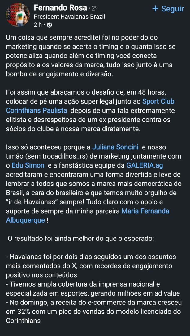 Presidente da Havaianas feliz com o patrocnio pontual do Corinthians