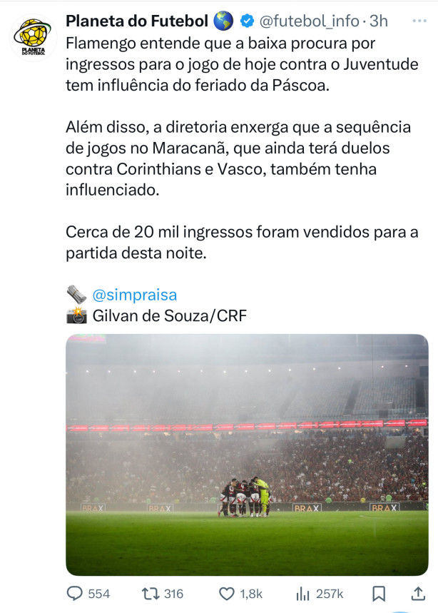 Imaginem o Corinthians se justificando por baixa venda de ingressos para um jogo em casa