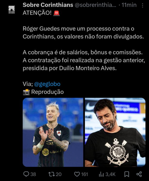 Roger Guedes processa o Corinthians!