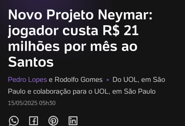off : Neymar custa 21 M por ms ao San7os