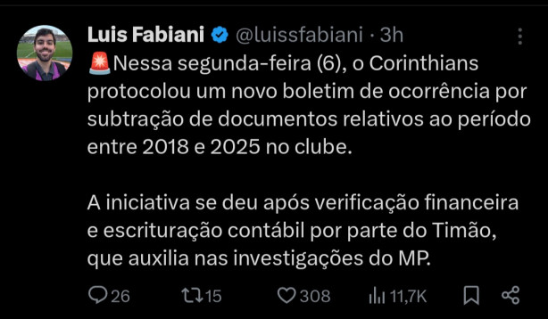 Quer dizer ent�o que "SUMIRAM" documentos do Corinthians de 2018-2025 parece piada kkkk