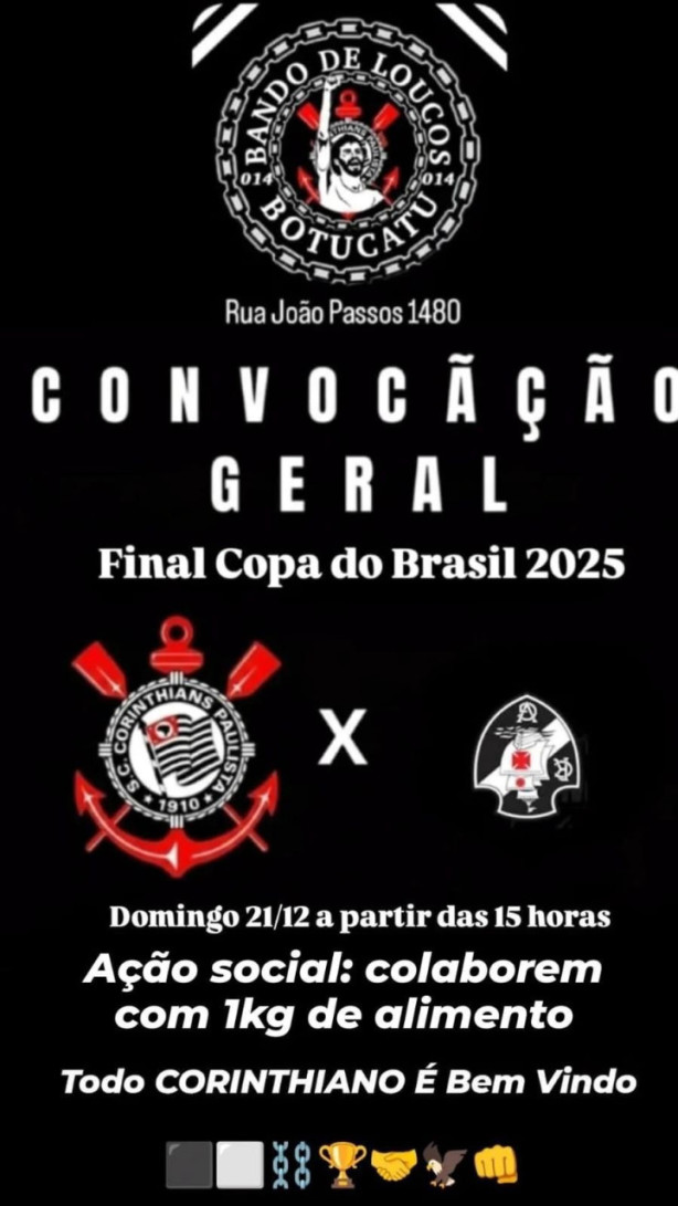 Final da Copa do Brasil entre Corinthians e Vasco ter� a��o beneficente em Botucatu