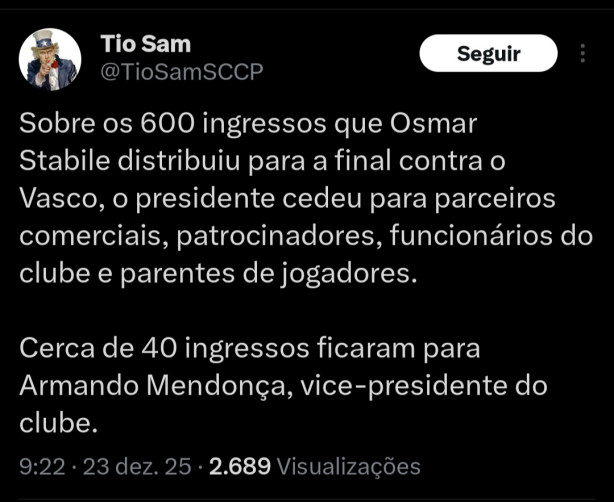 Armando Mendon�a ficou com 40 ingressos