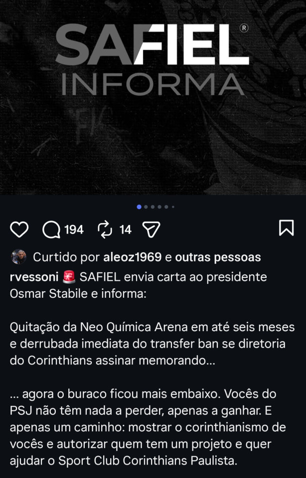SAFIEL em carta a Osmar Stabile se prontifica a pagar a NQA em 6 meses e por fim no transferban!