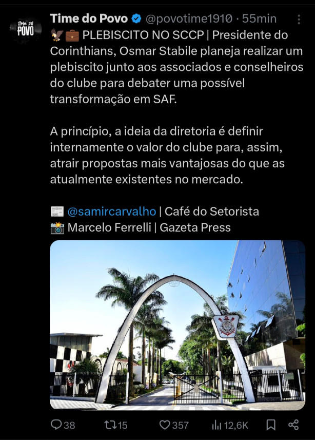 Stabile vai realizar PLEBISCITO com os s�cios, para debater SAF no Corinthians!