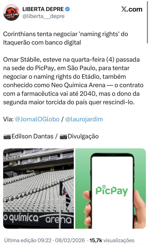 Corinthians tenta negociar 'naming rights' da arena com banco digital