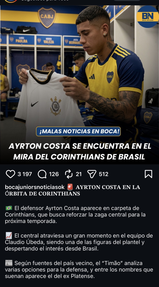 Imprensa Argentina fala de interesse do Corinthians em atleta do Boca Jr