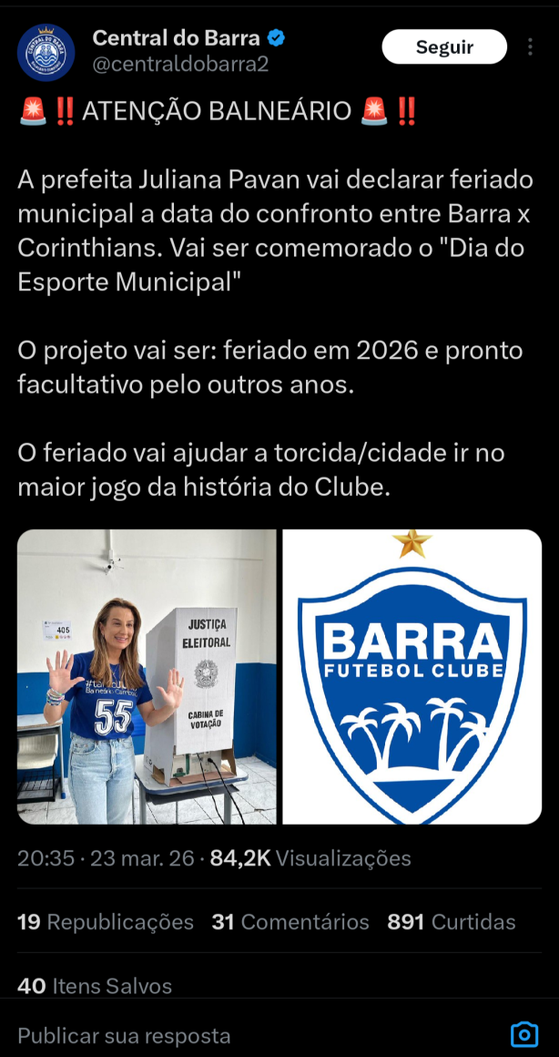 Prefeita de Balne�rio vai declarar feriado municipal no dia do jogo