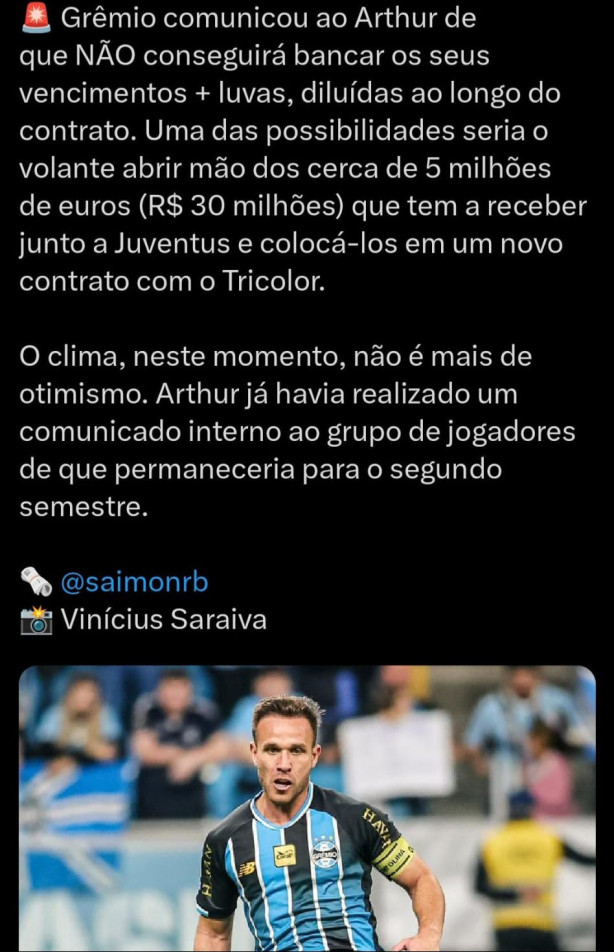 Arthur de sa�da do Gr�mio