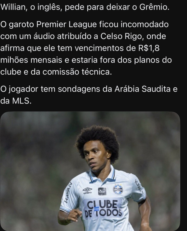 Willian foguetinho fora do Gr�mio.
