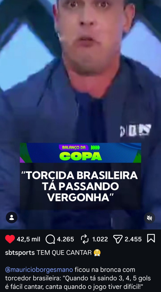 Jornalista Mano critica torcida do Brasil