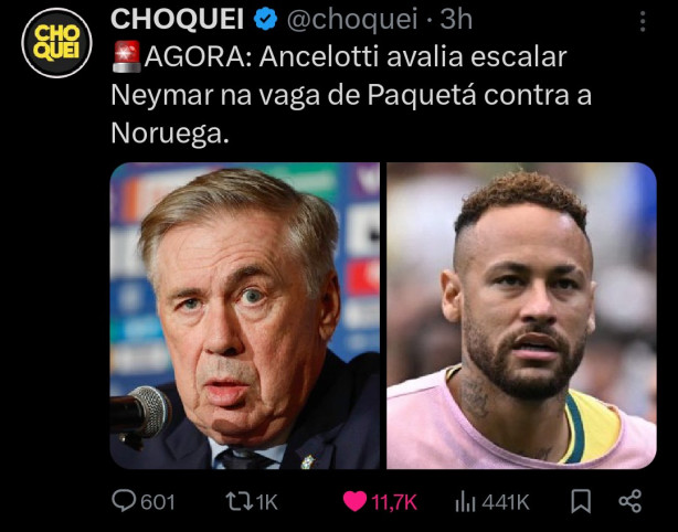 Neymar pode ser escalado no lugar do Paqueta