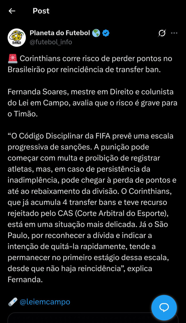 Corinthians corre risco de perder pontos