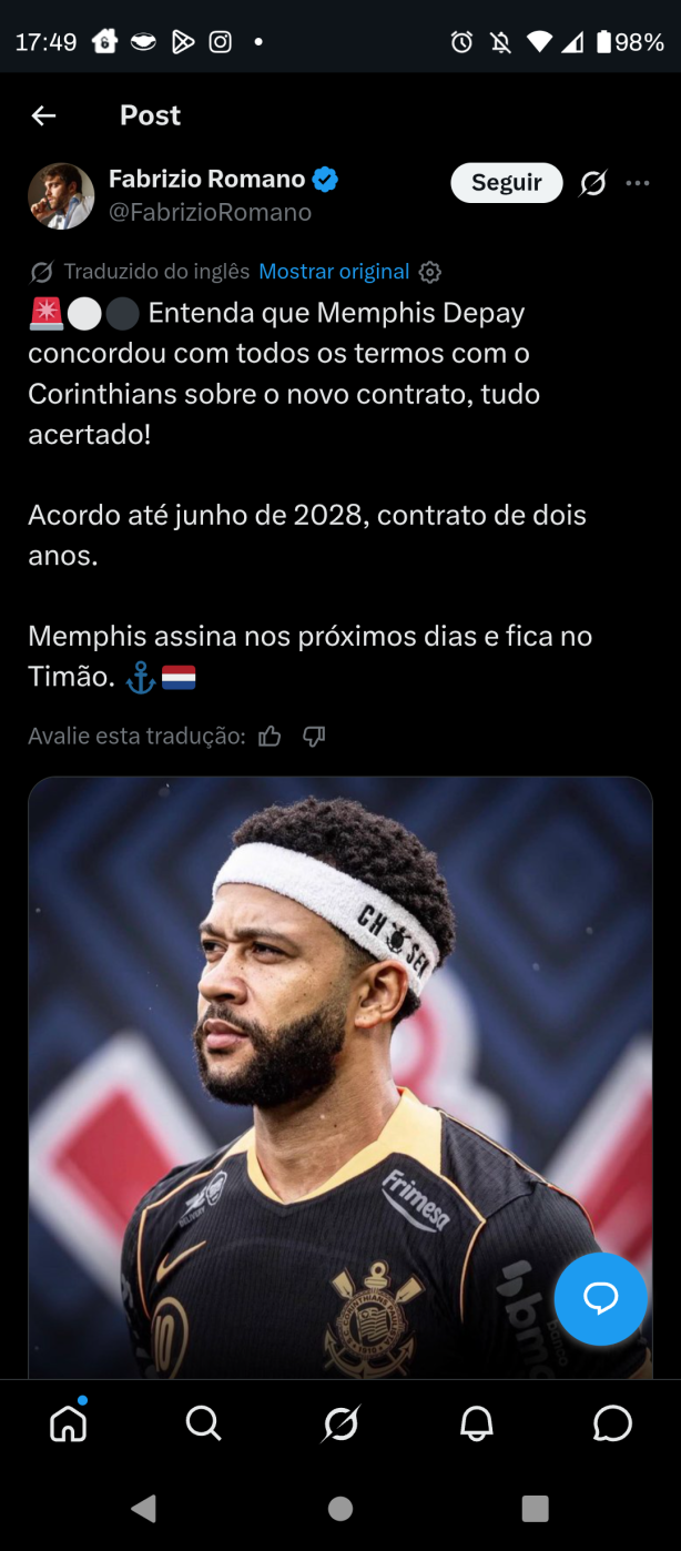 Fabrizio Romano: Memphis renova com o Corinthians