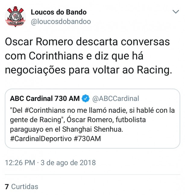 Oscar Romero descarta negociao com o Corinthians