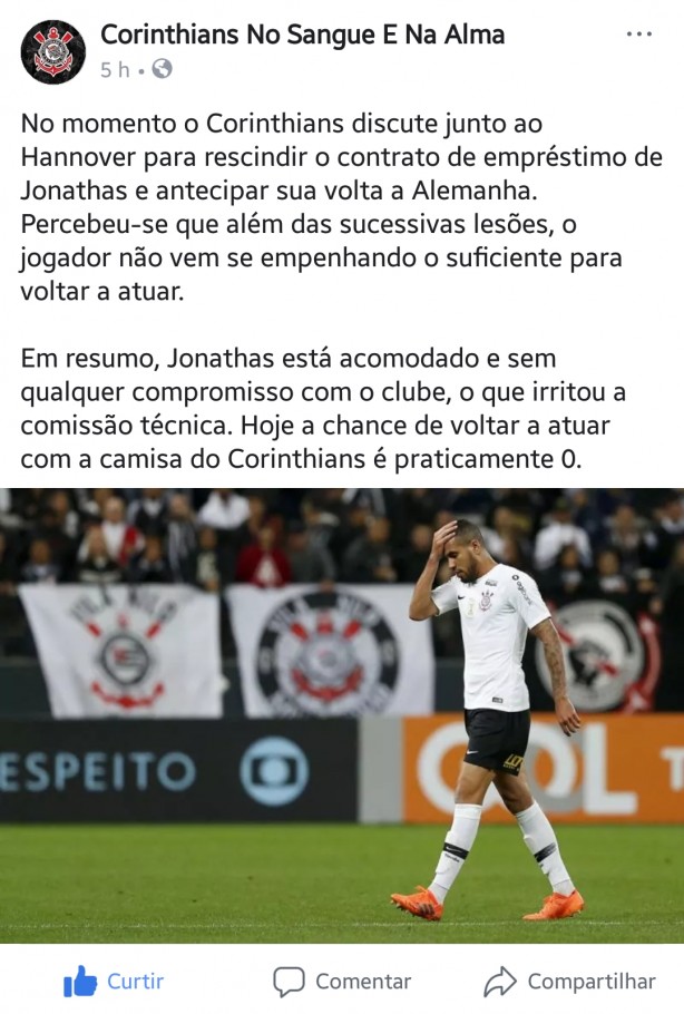 Segundo ele, o Jhonatas no joga mais pelo Corinthians