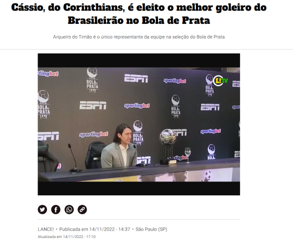 Cássio, do Corinthians, é eleito o melhor goleiro do Brasileirão no Bola de  Prata - Lance!