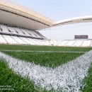Linhas perfeitamente pintadas no gramado da Arena Corinthians