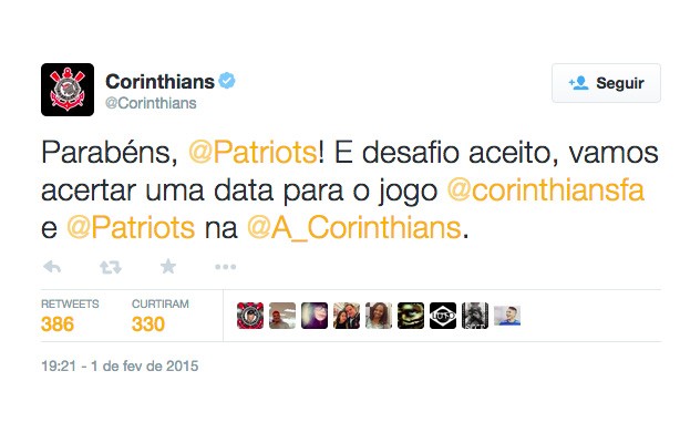 Timão brincou com Patriots no Twitter