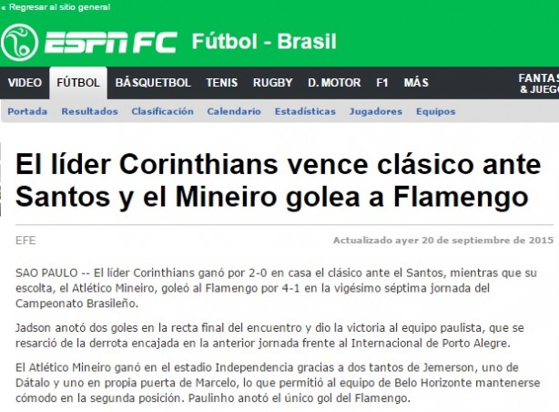 A ESPN, da Argentina, destacou a vitria do Corinthians na 27 rodada