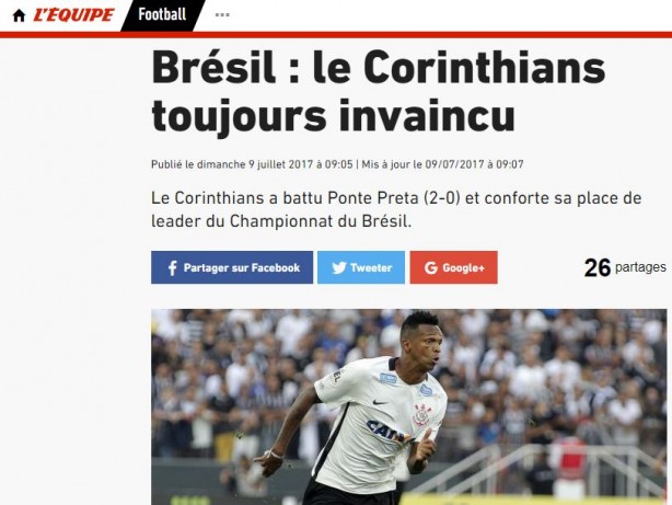 J ganhou destaque em matria francesa sobre invencibilidade do Corinthians