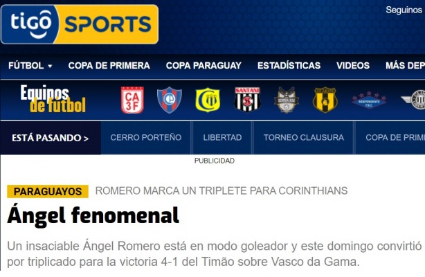 Site esportivo Tigo Sports e sua home principal com Romero