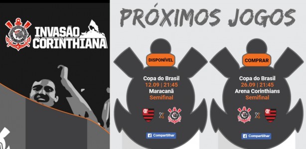 Pgina virtual da agncia oficial de viagem do Corinthians e a propaganda para o jogo de ida, no dia 12