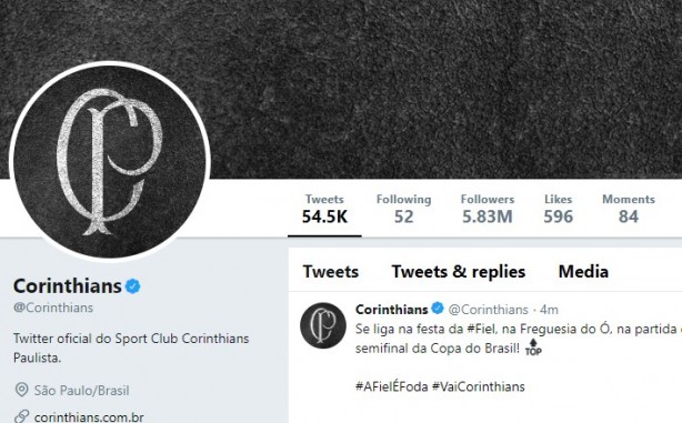 Corinthians tem quase seis milhões de seguires no Twitter