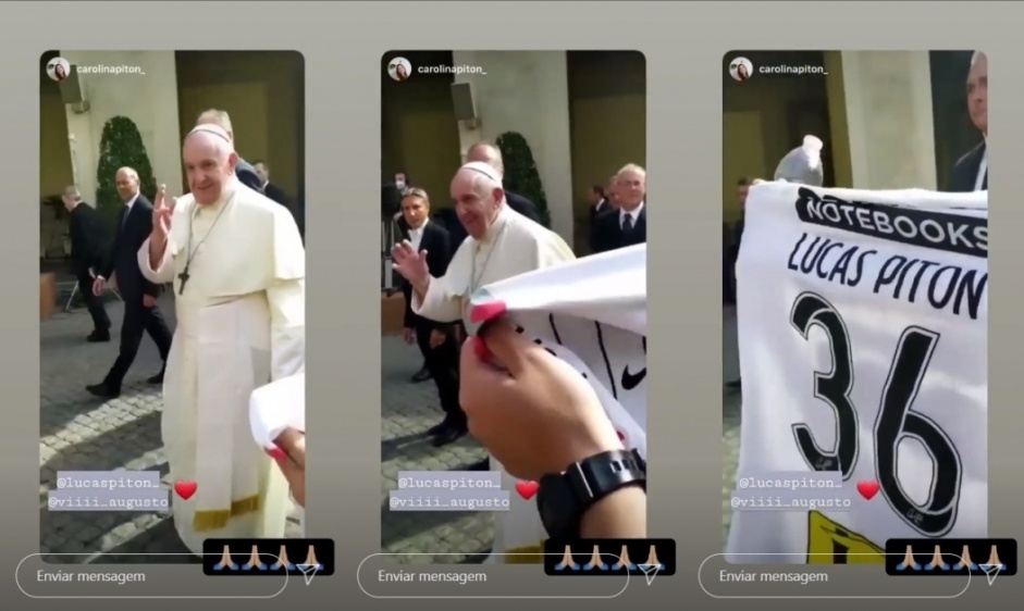 Irm de Lucas Piton recebe bno do Papa na camisa do lateral corinthiano