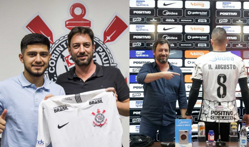 Duilio, ento diretor de futebol, com Srgio Diaz, vindo do Real Madri B, em 2018; Duilio, agora presidente, ao lado de Renato Augusto