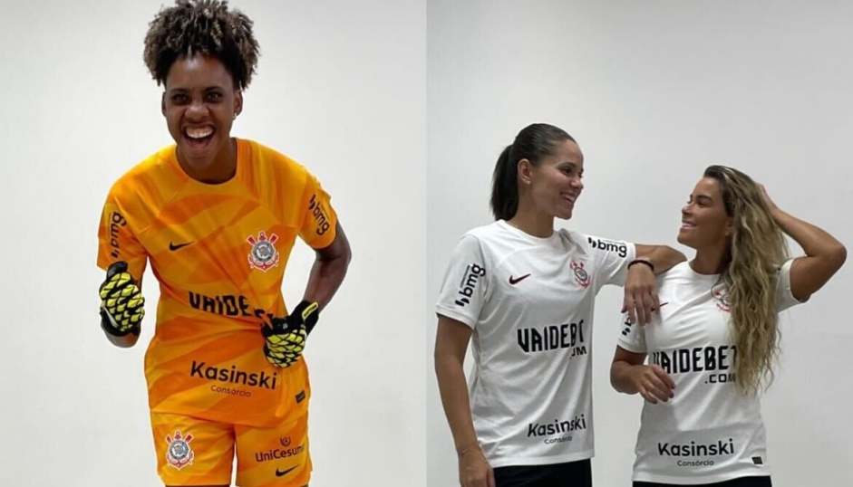 Jogadoras do Corinthians posam para o Media Day com novos patrocinadores no uniforme