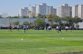 O grupo de jogadores do Corinthians em uma atividade de enfrentamento em campo reduzido nesta sexta-feira