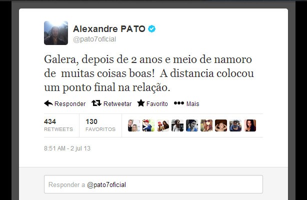 Alexandre Pato divulga fim do namoro pelo Twitter