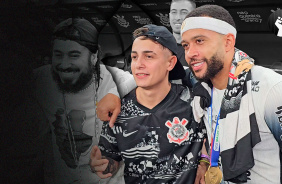 Memphis Depay, Gabriel Medina e Hariel no gramado comemorando o 31 ttulo paulista do Corinthians